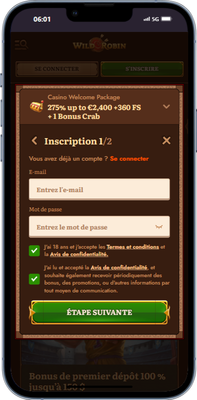 Inscription et Connexion Wild Robin Casino France